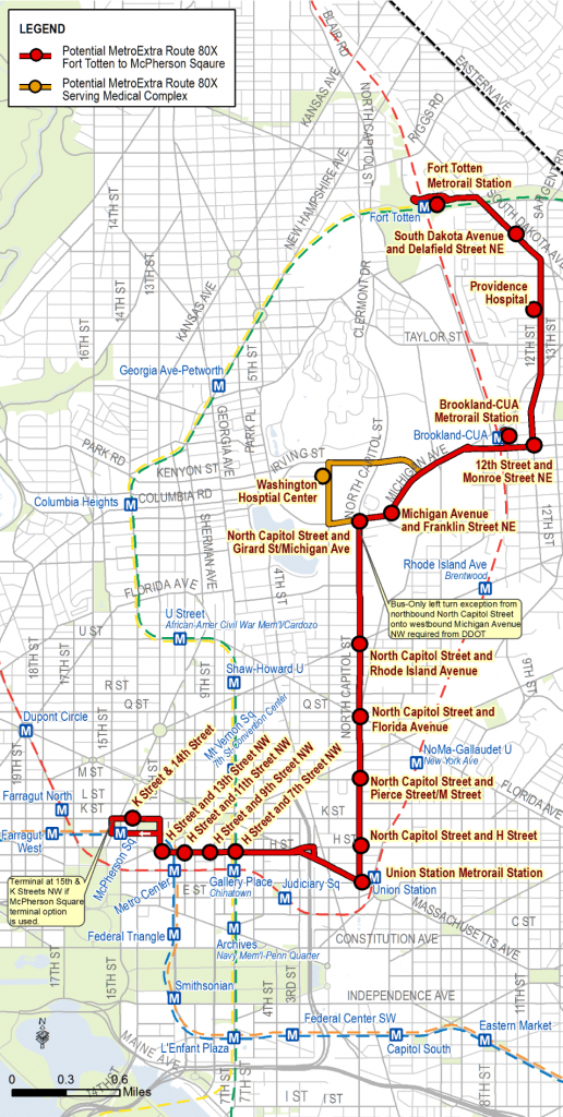 Map of proposed 80X limited-stop service along the North Capitol Street corridor.